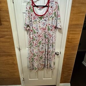White Disney Christmas Print Scoop Neck Dress with Red Trim